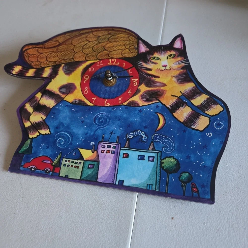 Wendy Costa 1994 Whimsical Flying Cat Wall Clock City Sky Line